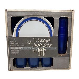 Texas Ware Melamine Dinnerware Set 16 Piece Service for 4 Blue Tan Stripe PMC